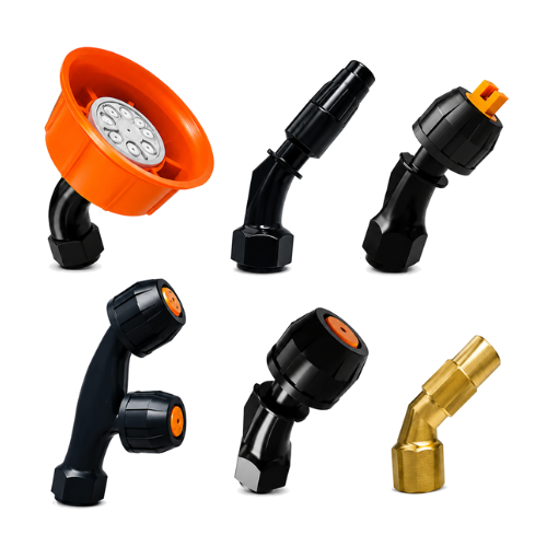 An assortment of six different angled sprayer nozzles against a black background.
