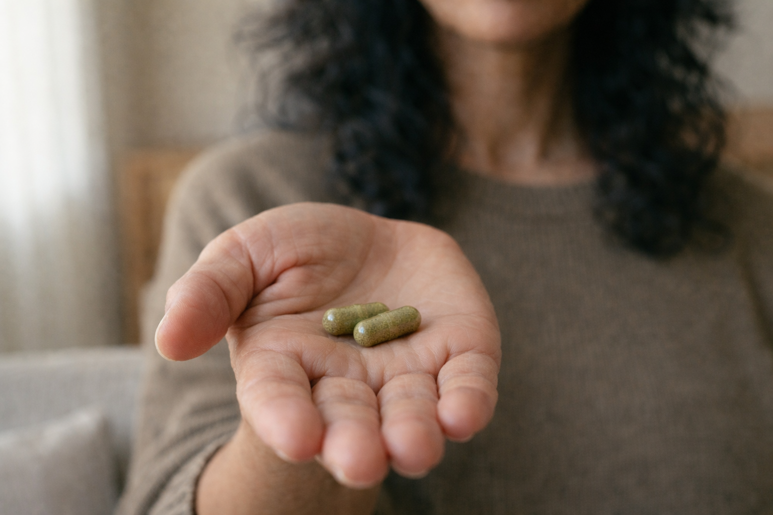 A close-up of a person's hand holding two green capsules in their open palm.