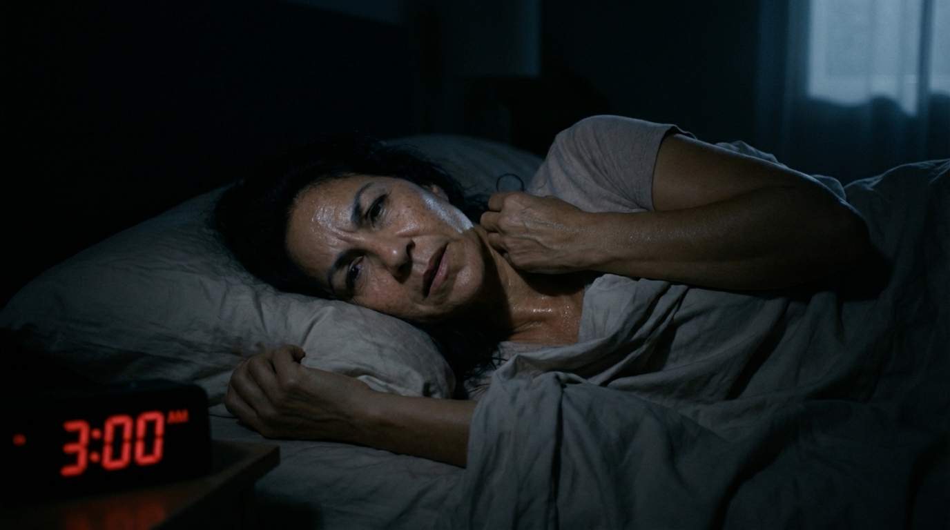 A woman lies awake and sweating in a dark bed, with an alarm clock showing 3:00 AM.