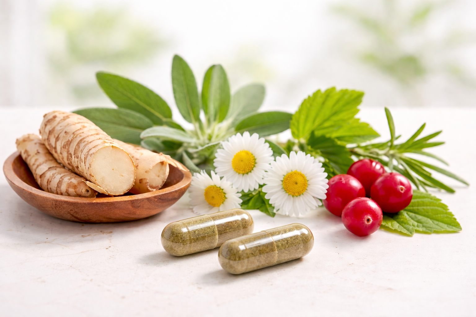 Herbal supplement capsules displayed with fresh roots, berries, flowers, and herbs on a white surface.