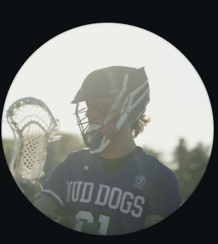 A circular photo of a lacrosse player in a helmet and jersey holding a lacrosse stick.