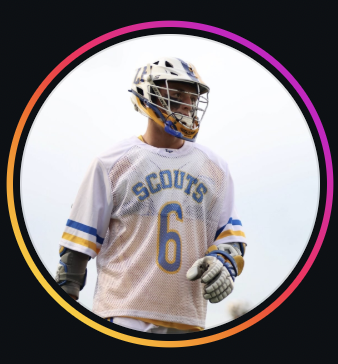 A lacrosse player wearing a helmet and a white and blue jersey with the word 'Scouts' and the number 6.