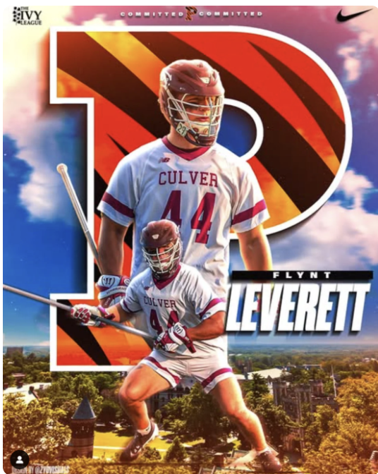 A recruitment graphic for lacrosse player Flynt Leverett in his Culver uniform against a large letter P.