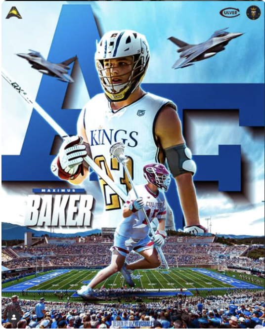 A composite graphic of lacrosse player Maximus Baker with fighter jets and a crowded stadium in the background.