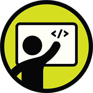 Icon of a person pointing at a board with code symbol.