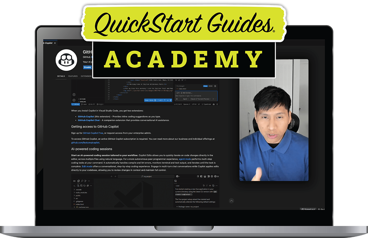 Computer screen showing a webpage and video of a person speaking, labeled 'QuickStart Guides ACADEMY.'