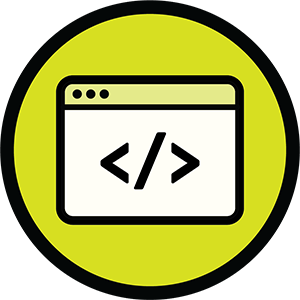 Icon of a web browser window with coding symbol inside a yellow circle.