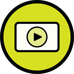 Yellow circle with black video play button icon in center.
