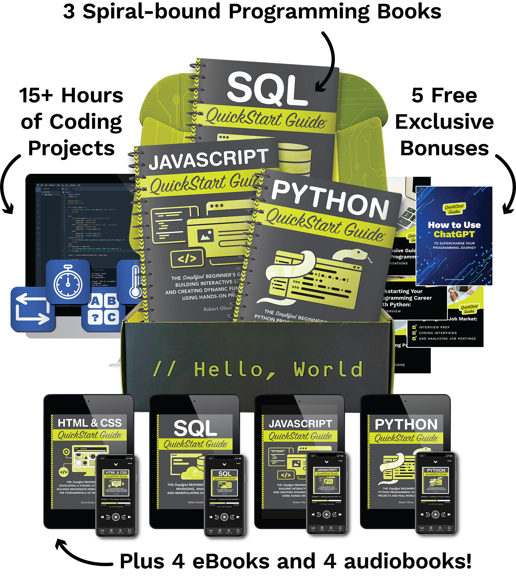 A bundle of QuickStart Guide programming books, ebooks, and audiobooks for SQL, Javascript, and Python.