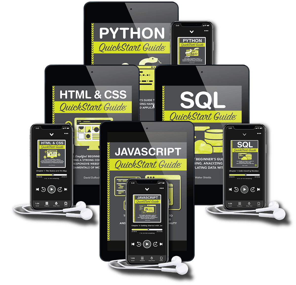 Tablets and phones displaying programming QuickStart Guides with earphones.