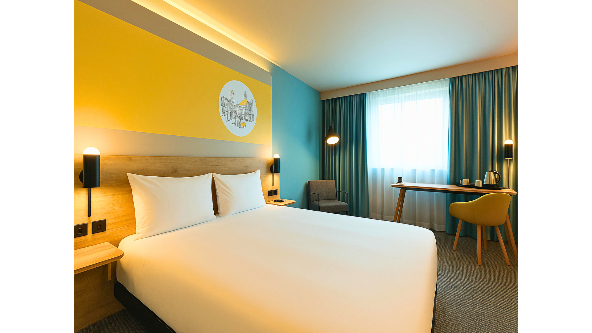 A modern hotel room with a made bed, colorful accent walls, a desk, and a window with curtains.
