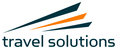 The logo for travel solutions, featuring an abstract winged design in teal and orange.