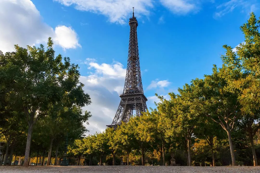 The Eiffel Tower framed by a row of green trees against a partly cloudy blue sky.