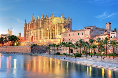 An illuminated cathedral with Gothic architecture stands by a body of water lined with palm trees at twilight.