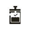 A dark gray icon of a container with a checkmark inside.