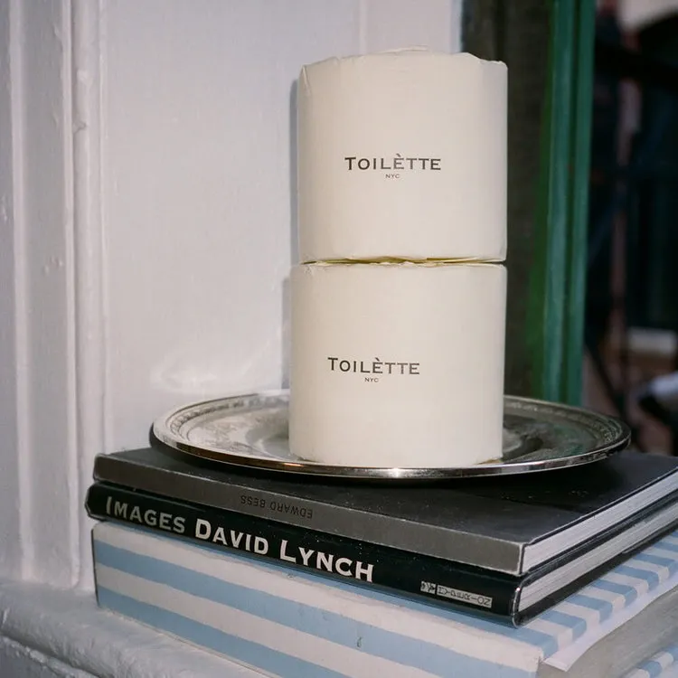 Two rolls of wrapped toilet paper on a silver platter sit atop a stack of books.