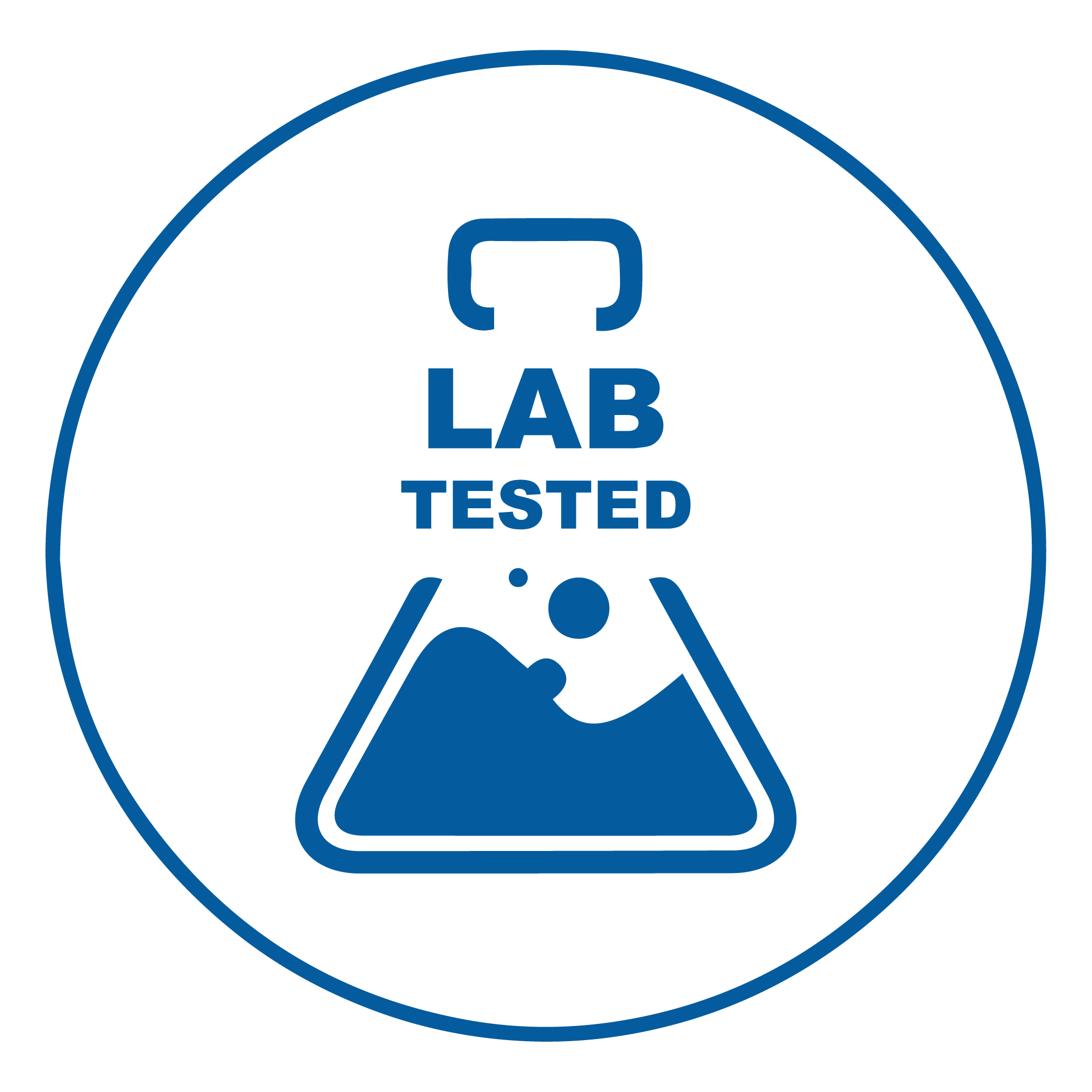 A blue icon of a laboratory flask with the words 'Lab Tested' inside a circle.