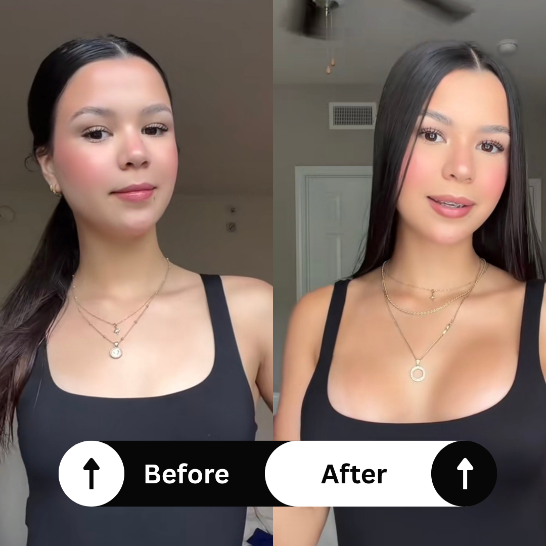 A before-and-after image of a woman in a black tank top, showing an increase in bust size.