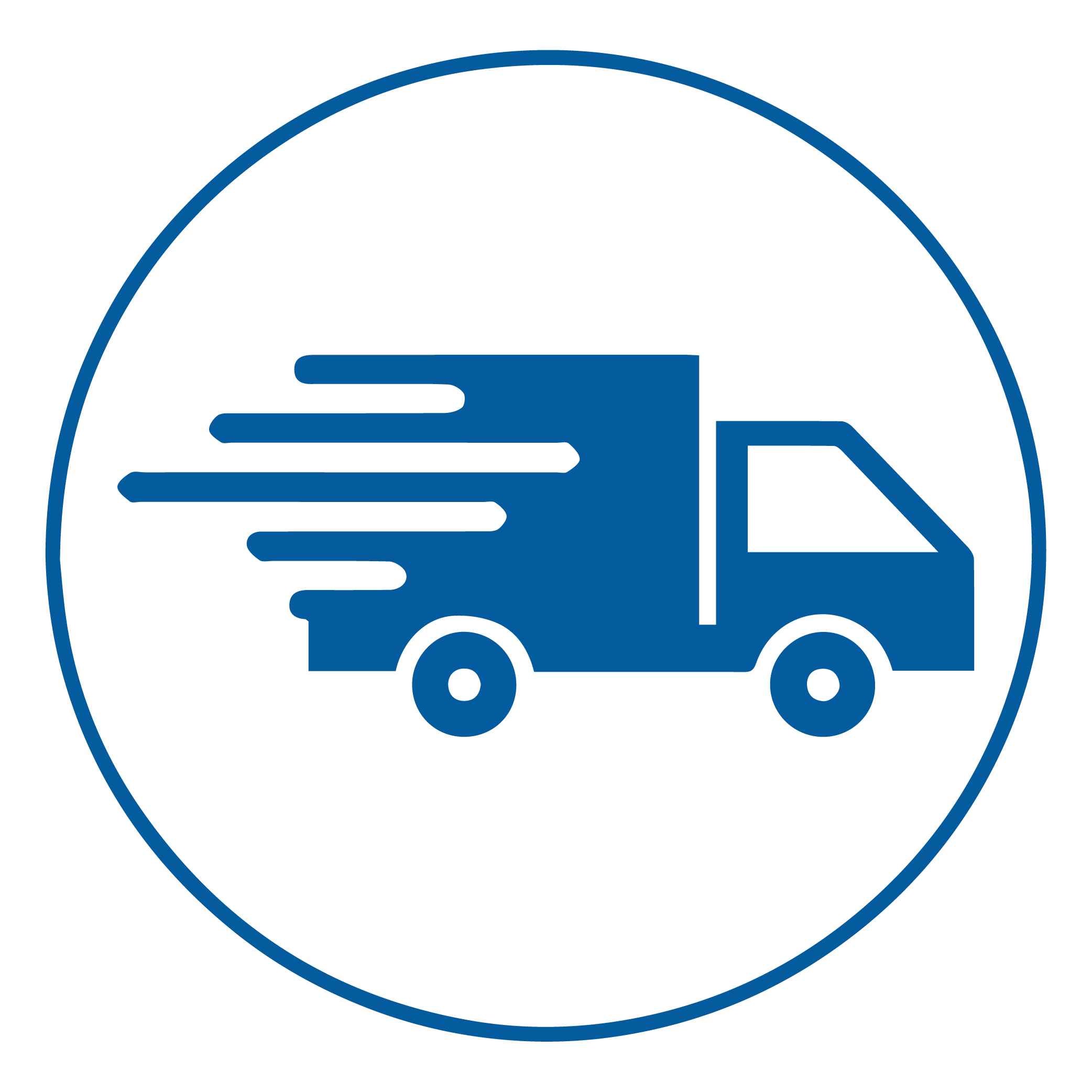 A blue icon of a speeding delivery truck inside a circle.
