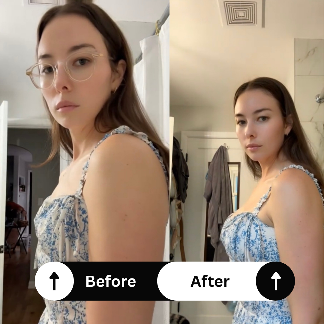 A before and after image of a woman in a floral dress showing a change in posture.