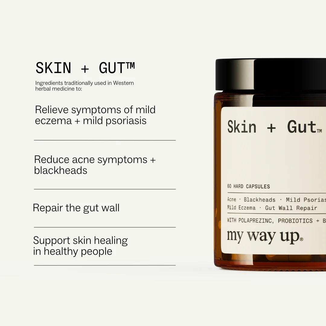 Product description and benefits of Skin + Gut capsules, with a partial image of the bottle.