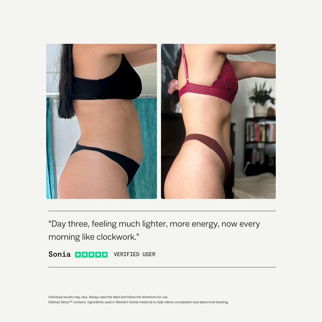 Before and after photos of a woman's torso showing a flatter stomach in the second image.