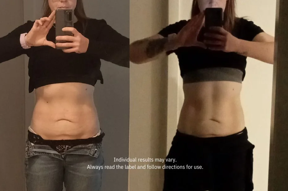 A before-and-after split-screen image of a woman's midsection, showing a visible physical transformation.