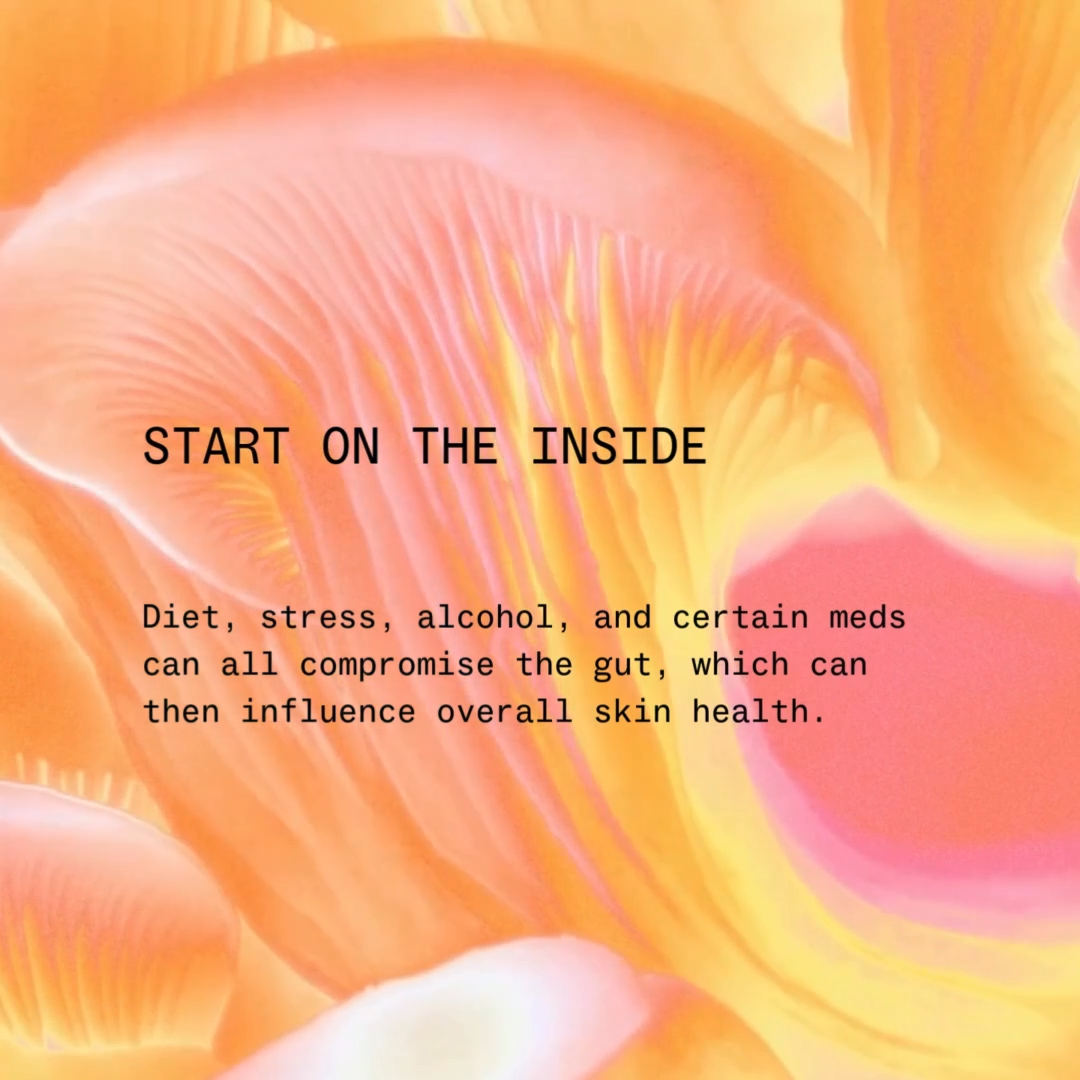 Abstract orange and pink background with text about gut health and skin.