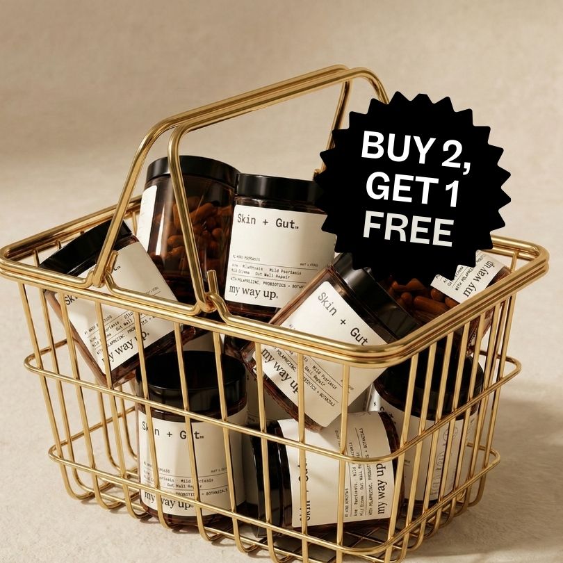 Shopping basket with jars labeled 'Skin + Gut.' and promotion sign.