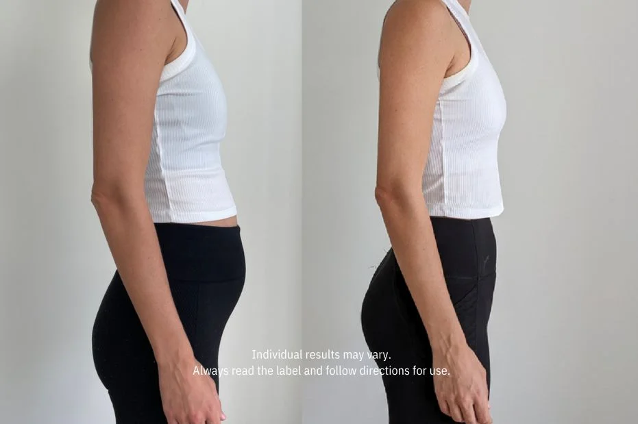 A side-by-side, before-and-after comparison image of a woman's midsection.