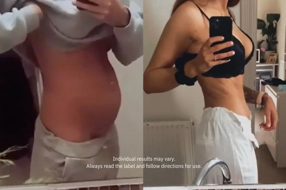 A before and after comparison of a woman's midsection, showing a bloated stomach on the left and a flat stomach on the right.