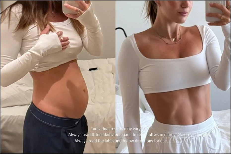 A side-by-side comparison of a woman's torso, showing a bloated stomach on the left and a toned stomach on the right.