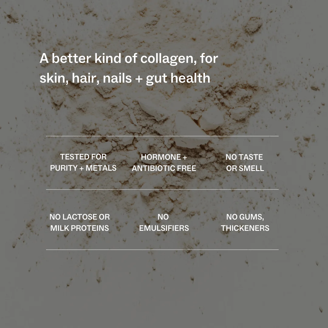 Collagen powder with text overlay about purity, hormone-free, no taste, emulsifiers, gums, and lactose.