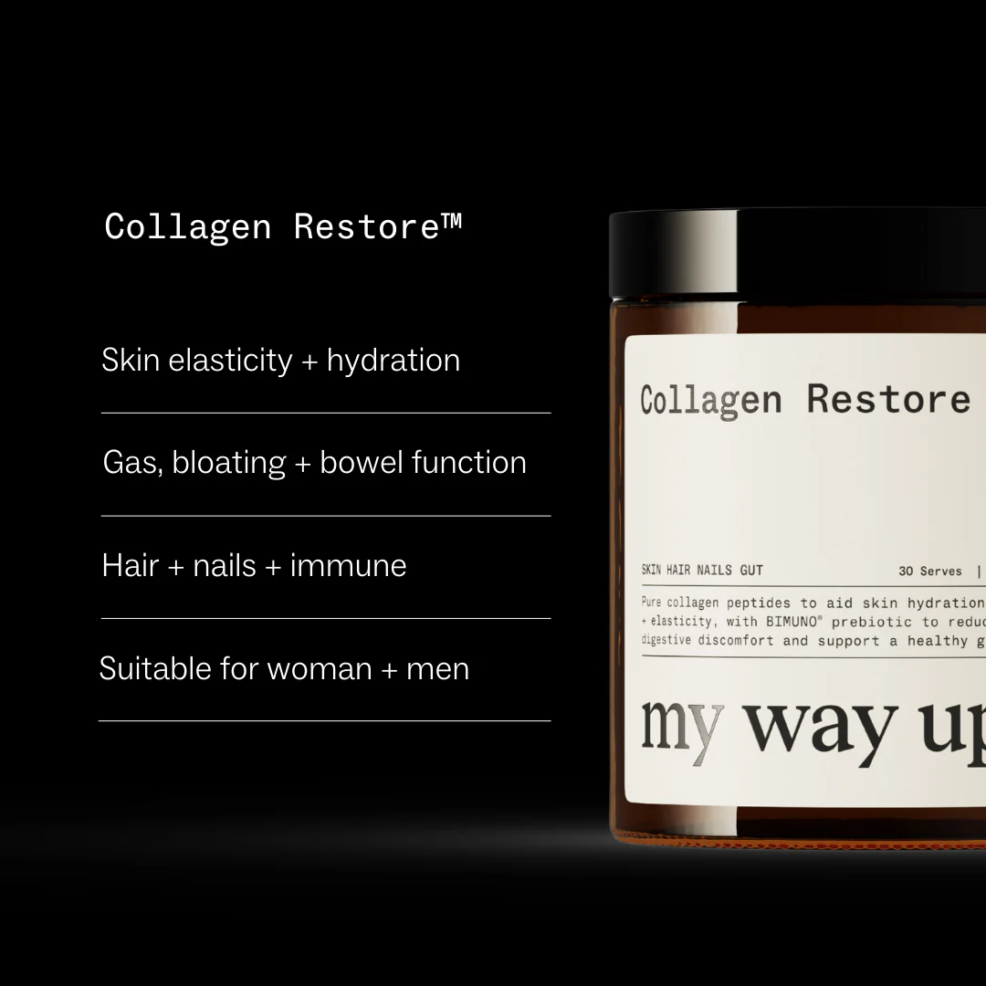 Image of a 'Collagen Restore' jar with benefits listed on the left.