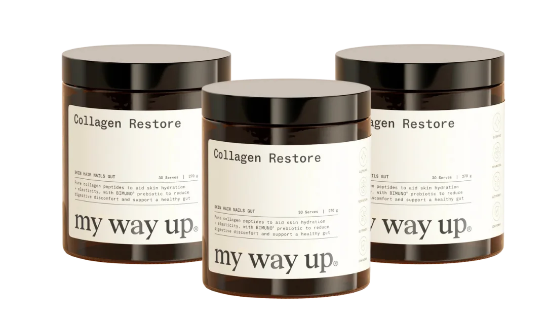Three jars of 'Collagen Restore' with black lids and white labels.