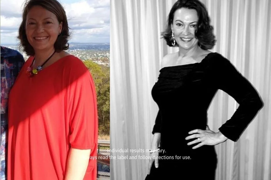 A side-by-side before and after image showing a woman's physical transformation.