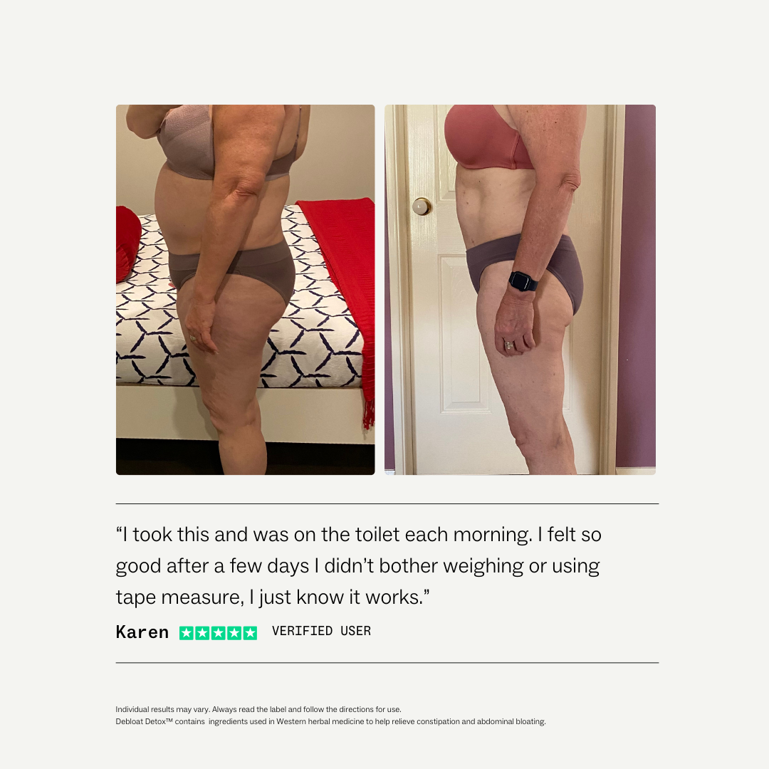 Before and after photos of a woman's midsection and thighs, showing a visible reduction in size.