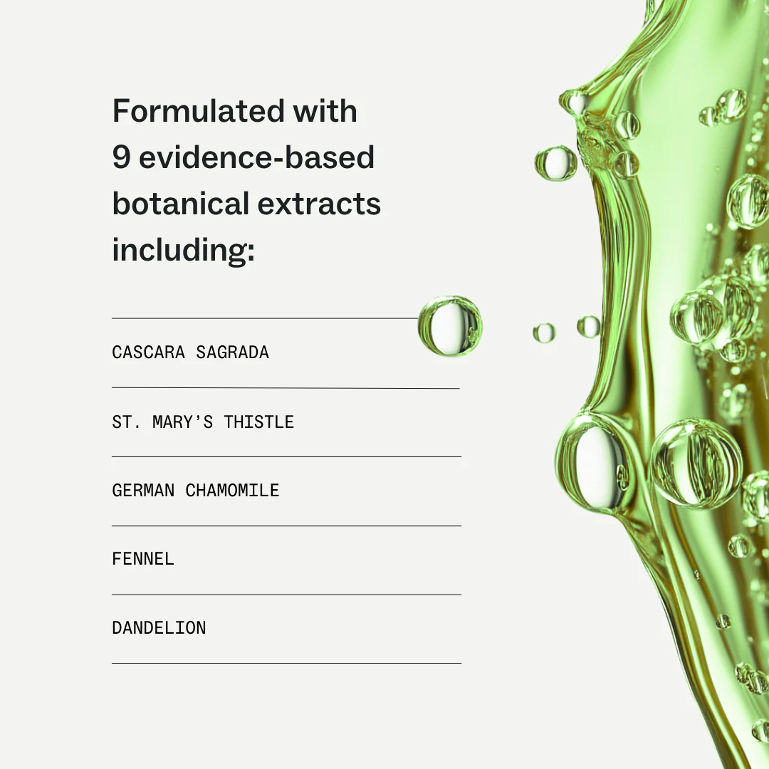 A list of botanical extracts next to a close-up of a bubbly green liquid serum.