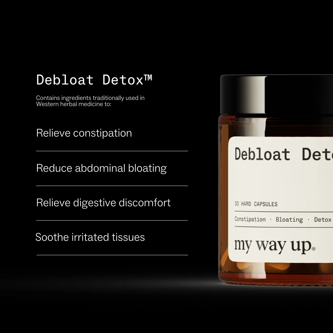 A bottle of Debloat Detox supplements next to a list of its benefits on a black background.