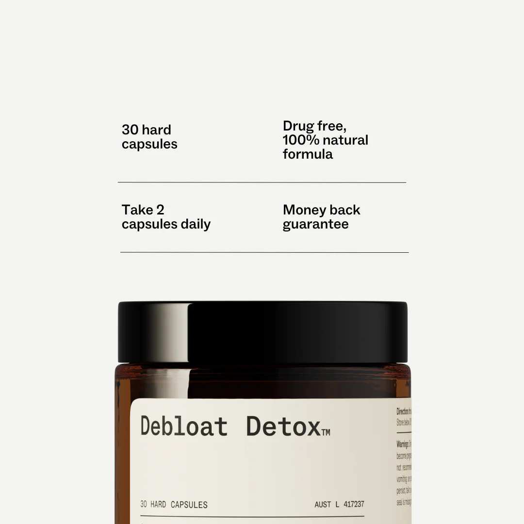 A close-up of a brown bottle of Debloat Detox supplements, with key features listed above the product.