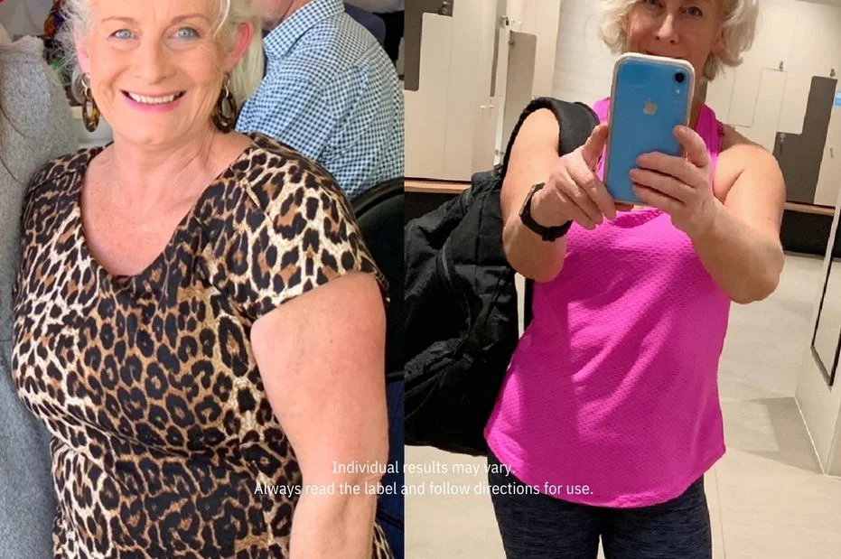 A before and after photo of a woman, first in a leopard print top and then in workout clothes.