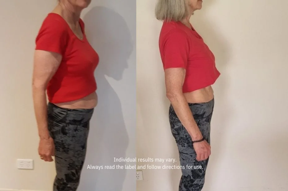 A before and after side-view comparison of a woman in a red shirt and patterned leggings.