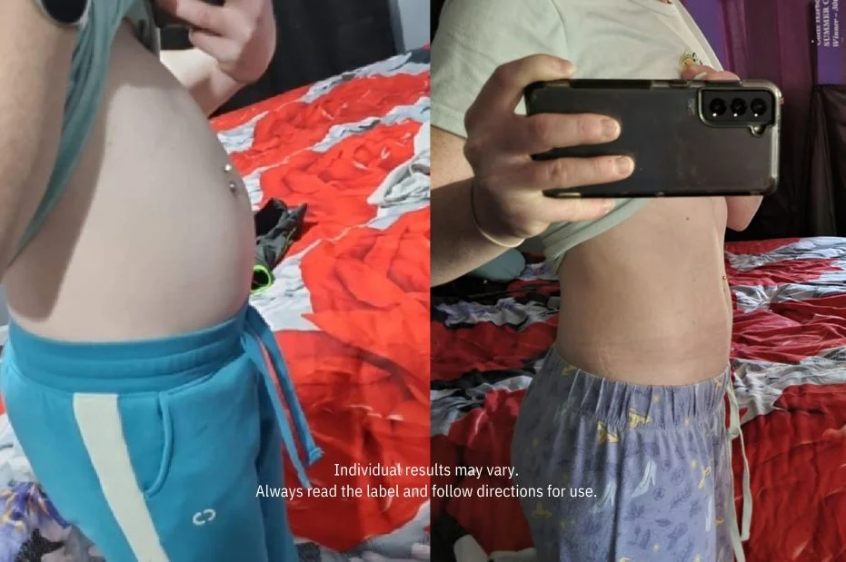 A side-by-side before and after image showing a profile view of a person's stomach looking flatter.