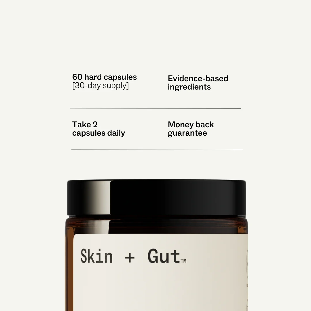 Skin + Gut capsules jar with product details above.