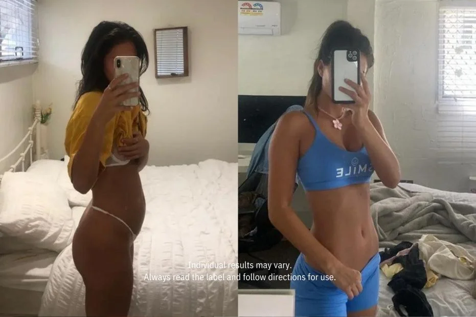 A side-by-side before and after photo set of a woman's body transformation, taken as mirror selfies.