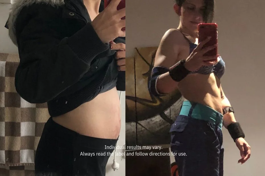A before and after split-screen image showing a woman's physical transformation, focusing on her toned midsection.