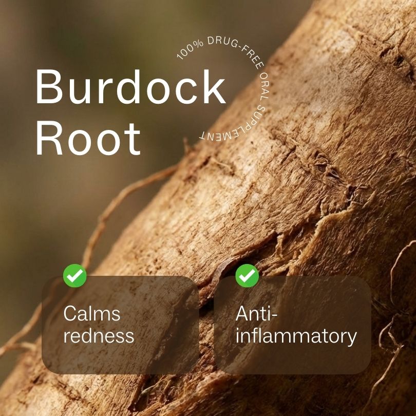 Close-up of burdock root with text about calming redness and anti-inflammatory benefits.