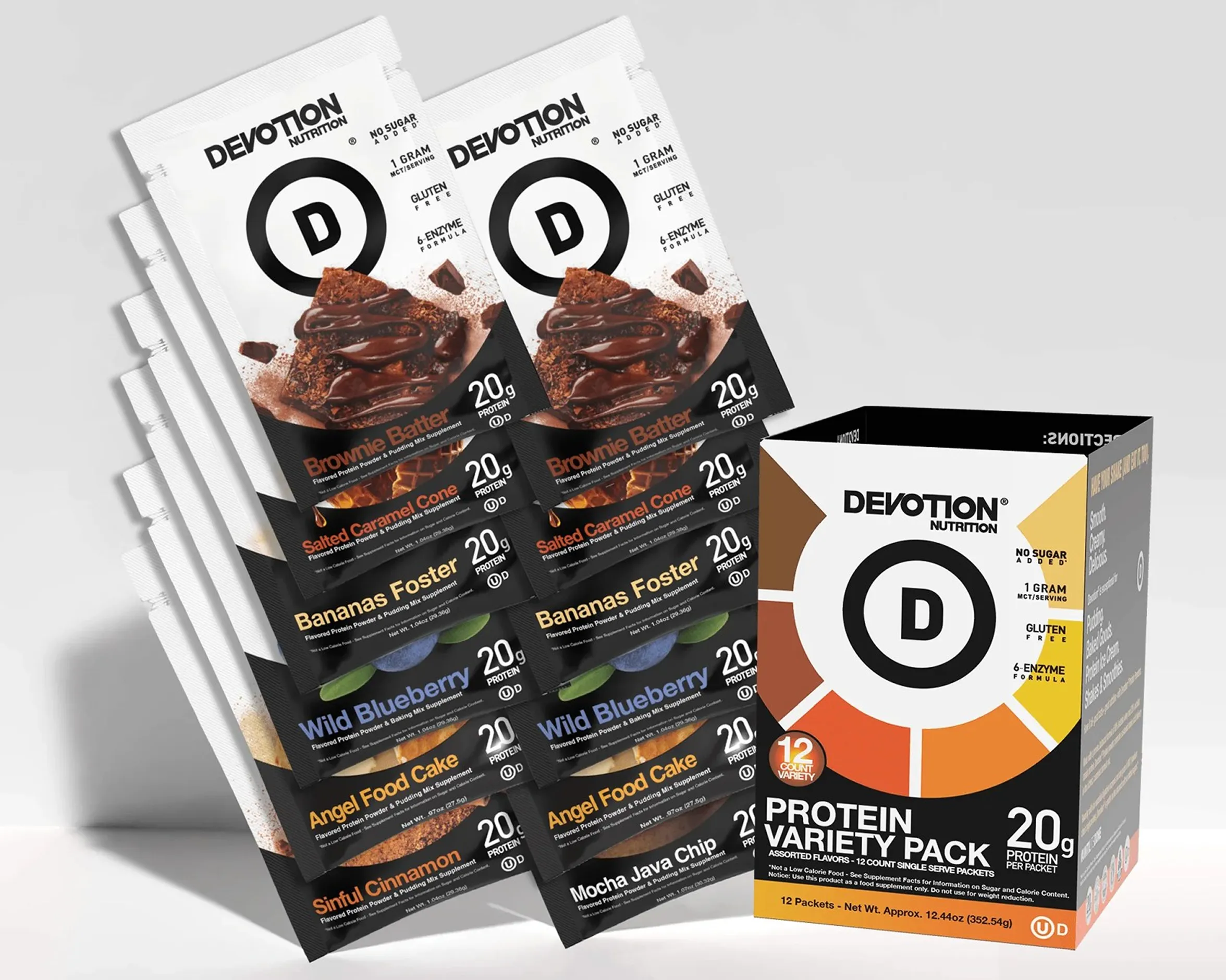 A box of Devotion Nutrition Protein Variety Pack with assorted single-serve packets displayed nearby.