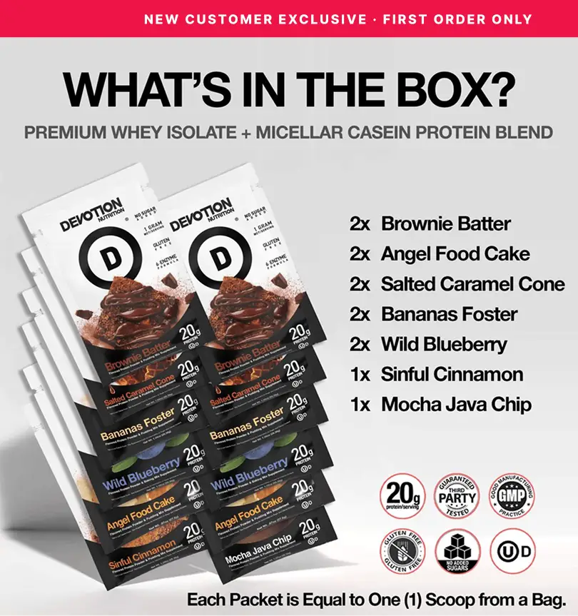 Devotion Nutrition | Protein Variety 12-Pack Bundle product image showing the box and 12 assorted packets of protein powder.