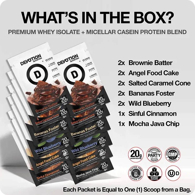 Devotion Nutrition | Protein Variety 12-Pack Bundle product image showing the box and 12 assorted packets of protein powder.